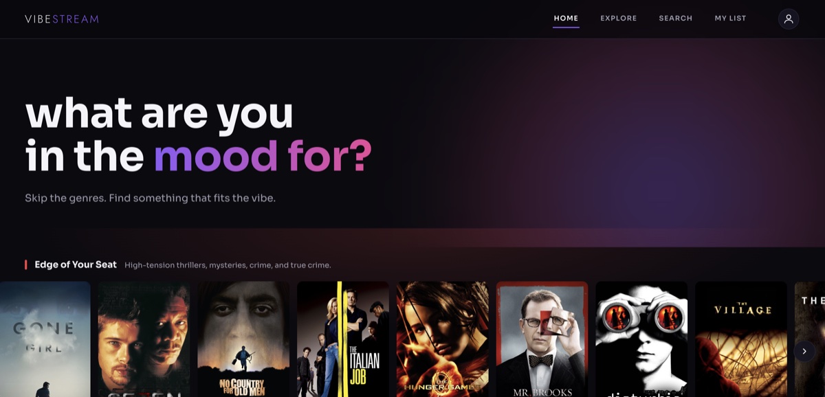 VibeStream interface showing mood-based movie discovery